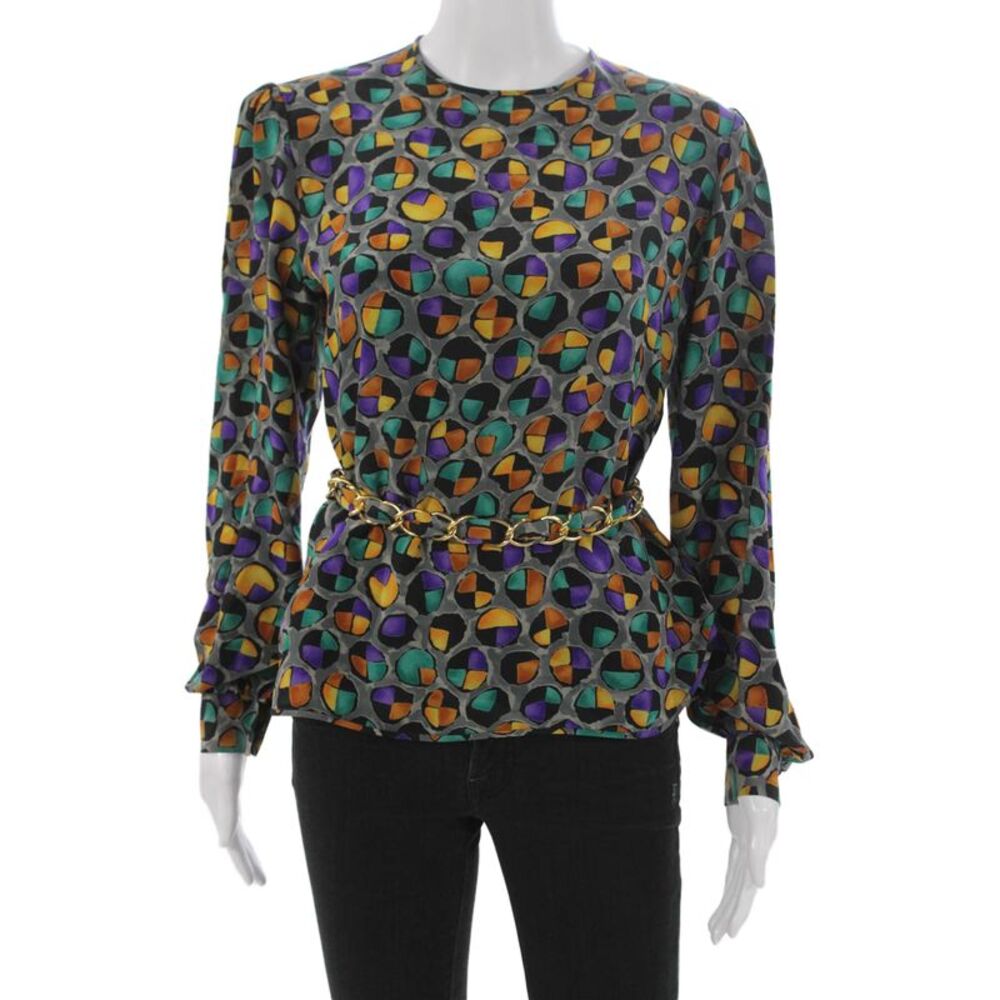 Adolfo Women Silk Abstract Long Sleeve Shirt Size S
